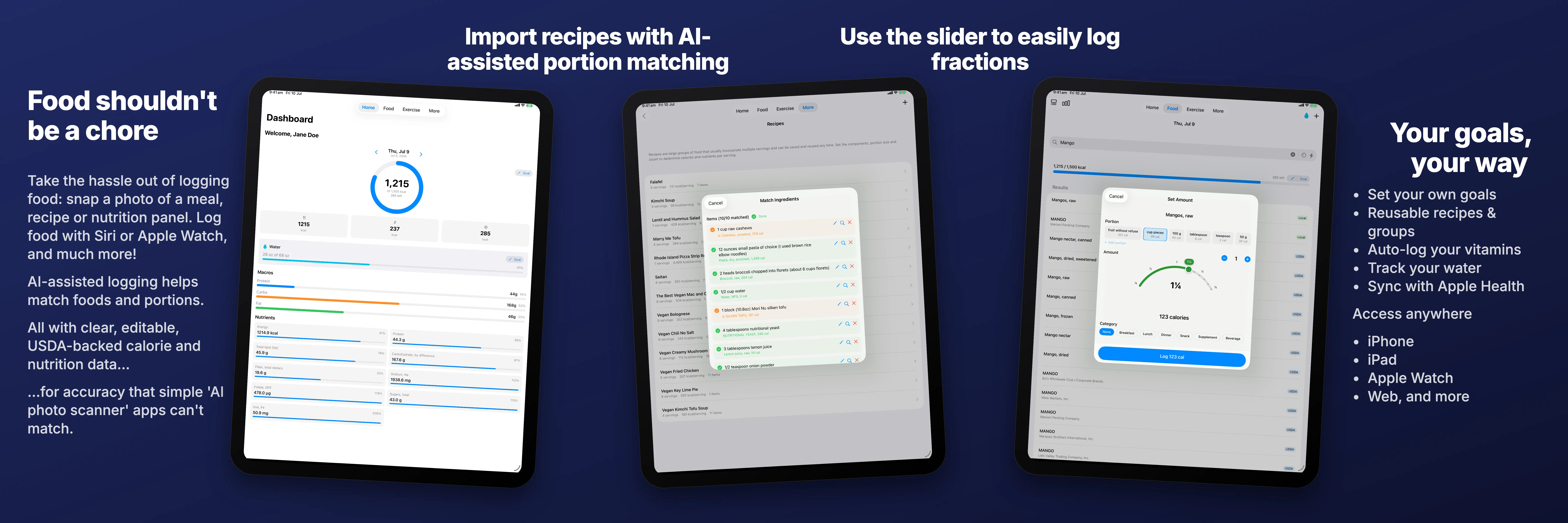 The same CalorieGoals screens shown across four iPads