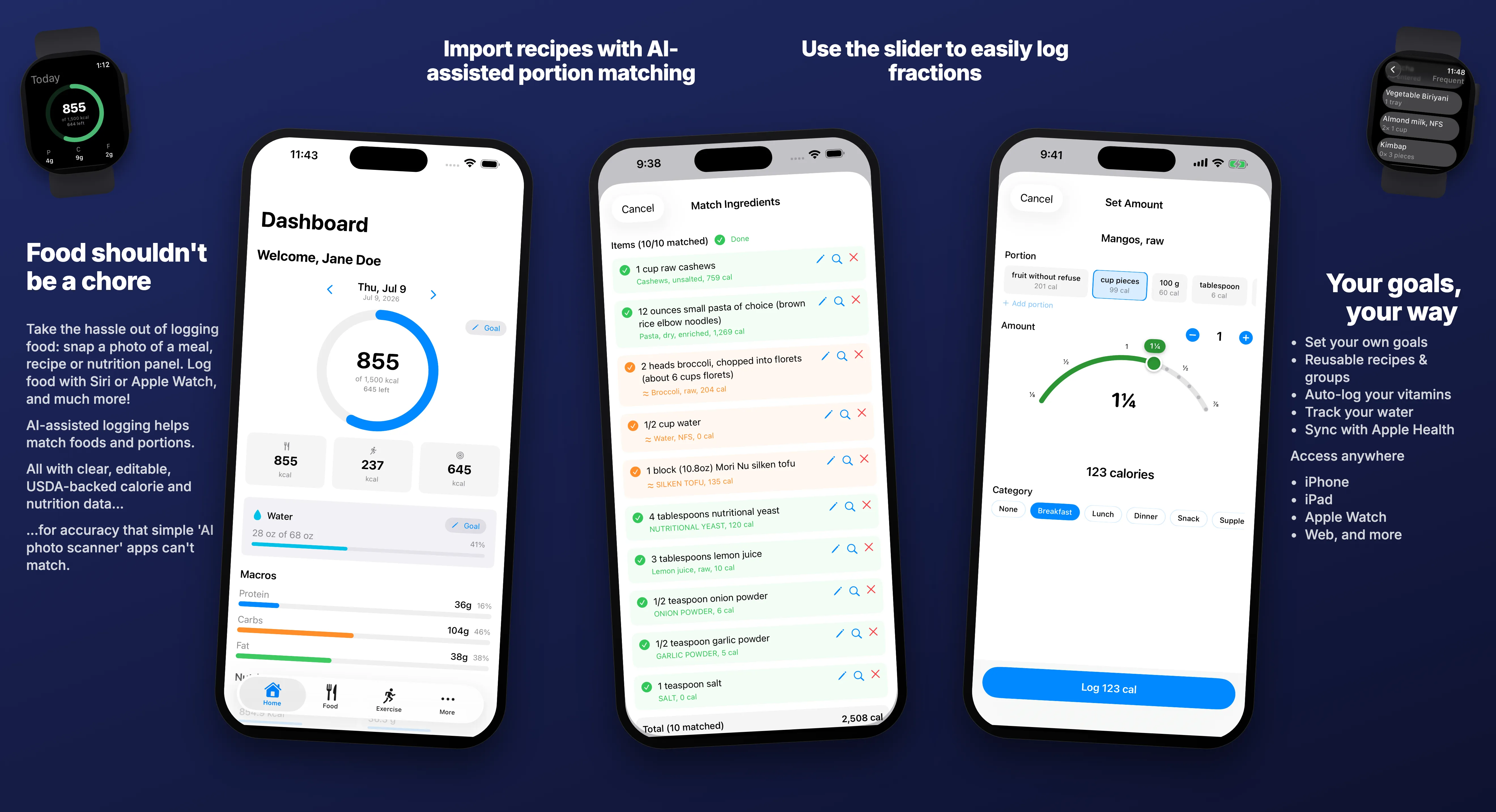 CalorieGoals across iPhone and Apple Watch: dashboard with calorie ring, AI recipe import, and the portion slider
