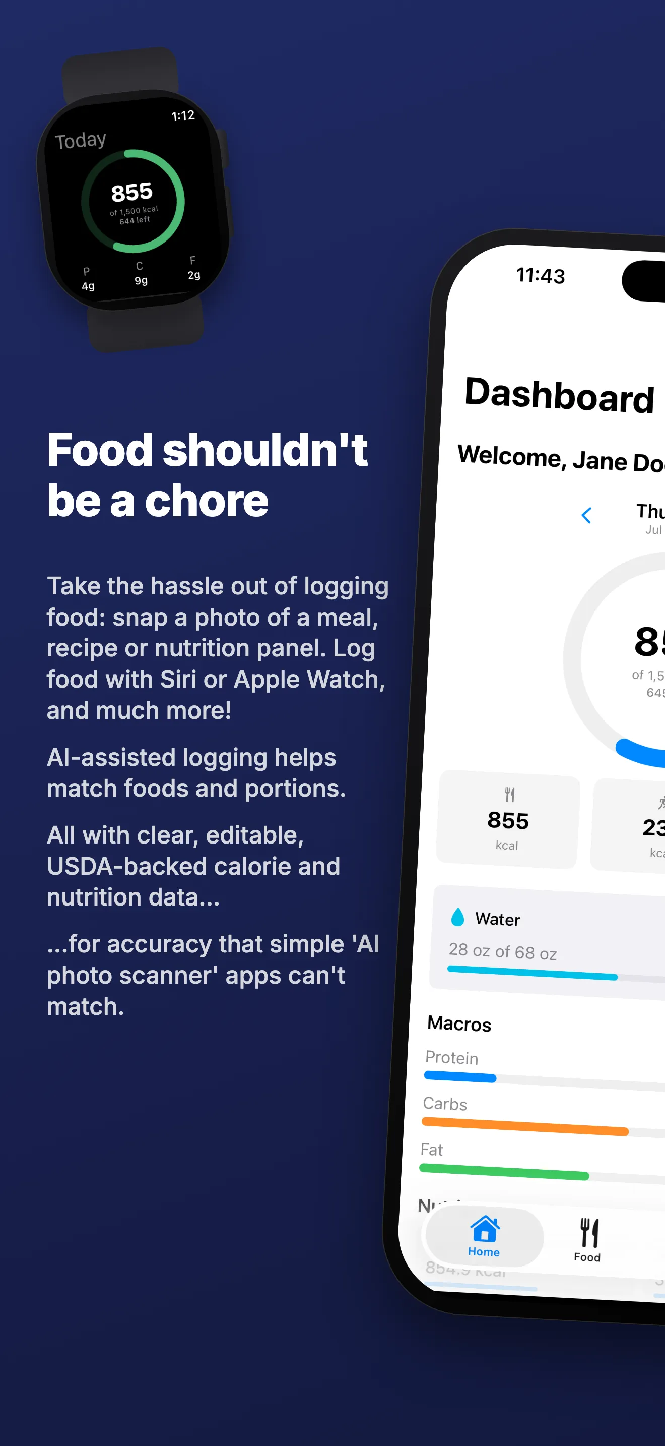 The CalorieGoals dashboard on iPhone with an Apple Watch showing the daily calorie ring