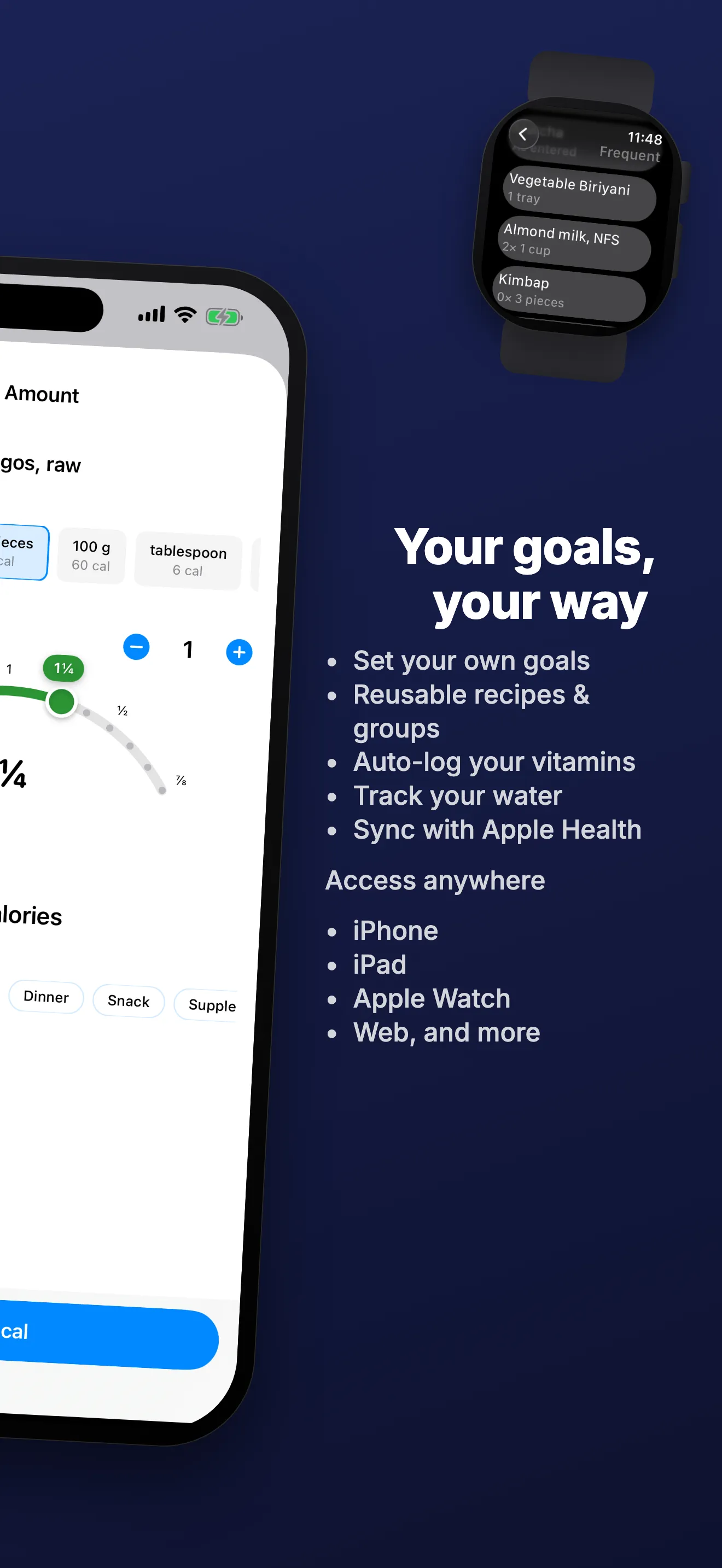 A list of CalorieGoals features beside an Apple Watch showing frequent foods