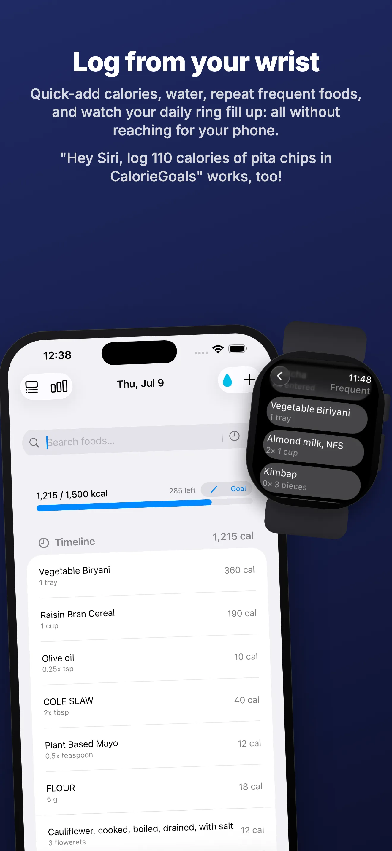 The CalorieGoals timeline on iPhone beside an Apple Watch showing frequent foods for quick logging