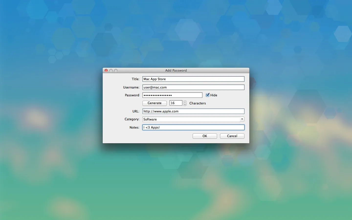 The Add Password dialog showing title, username, password, URL, category and notes fields